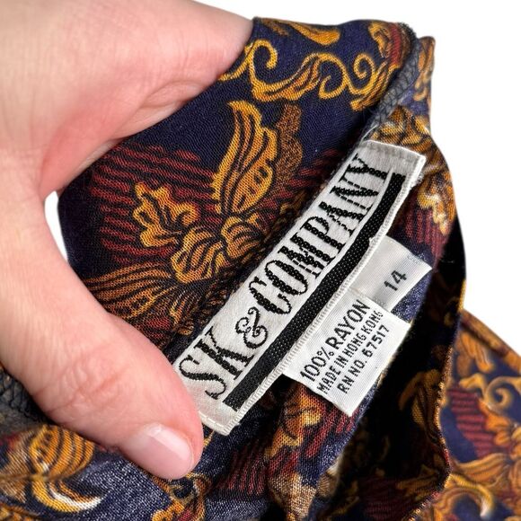 Skā& Company Navy & Gold Floral Vintage High Waist Pleated Midi Skirt - Picture 7 of 7